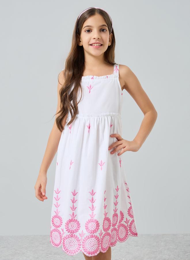 Styli Girls Pink Embroidered Strappy Midi Dress - Image 1